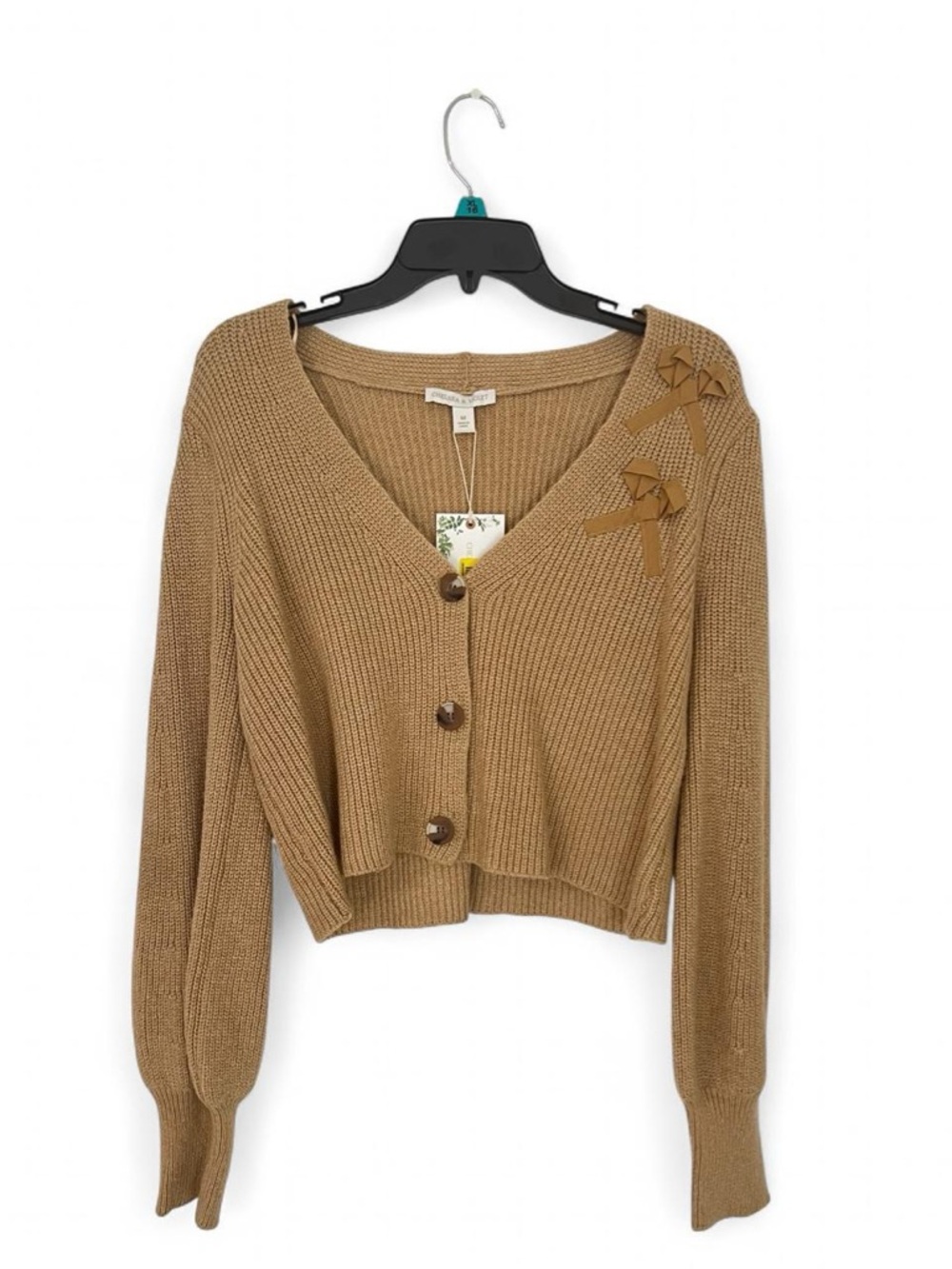 Chelsea & Violet Bow Accent Cropped Cardigan - Camel